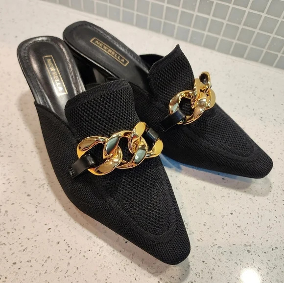 Newbella | Trendy Black Mules with Gold Chain | Size 7.5 Wide - Picture 8 of 14